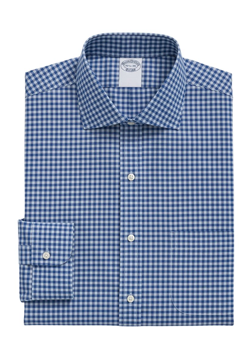 Mens Stretch Supima Cotton Non Iron Poplin English Spread Collar Gingham Dress Shirt