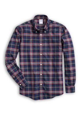 Brooks Brothers Men's Stretch Supima Cotton Non-Iron Twill Polo Button Down Collar, Tartan Shirt