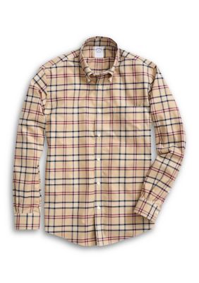 Brooks Brothers Men's Stretch Supima Cotton Non-Iron Twill Polo Button Down Collar, Tartan Shirt
