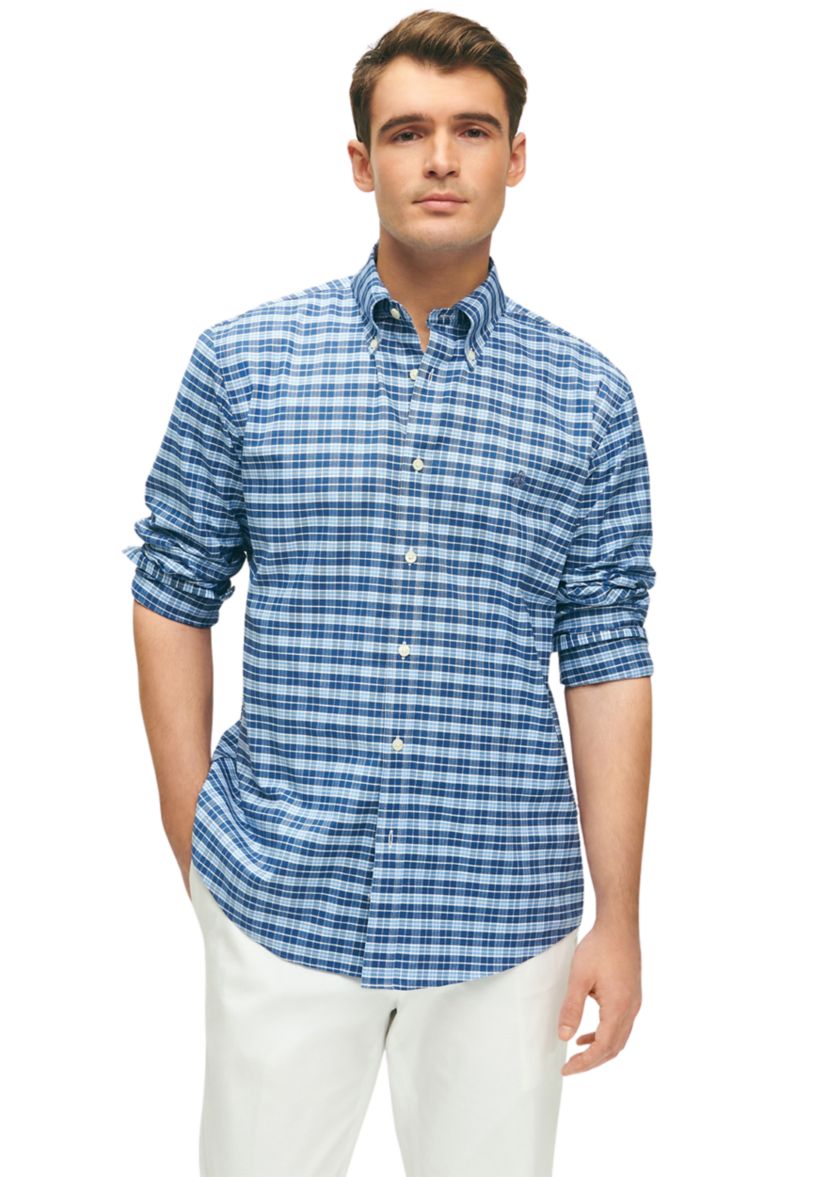 Stretch  Cotton Non-Iron Oxford Polo Button Down Collar,  Check Shirt