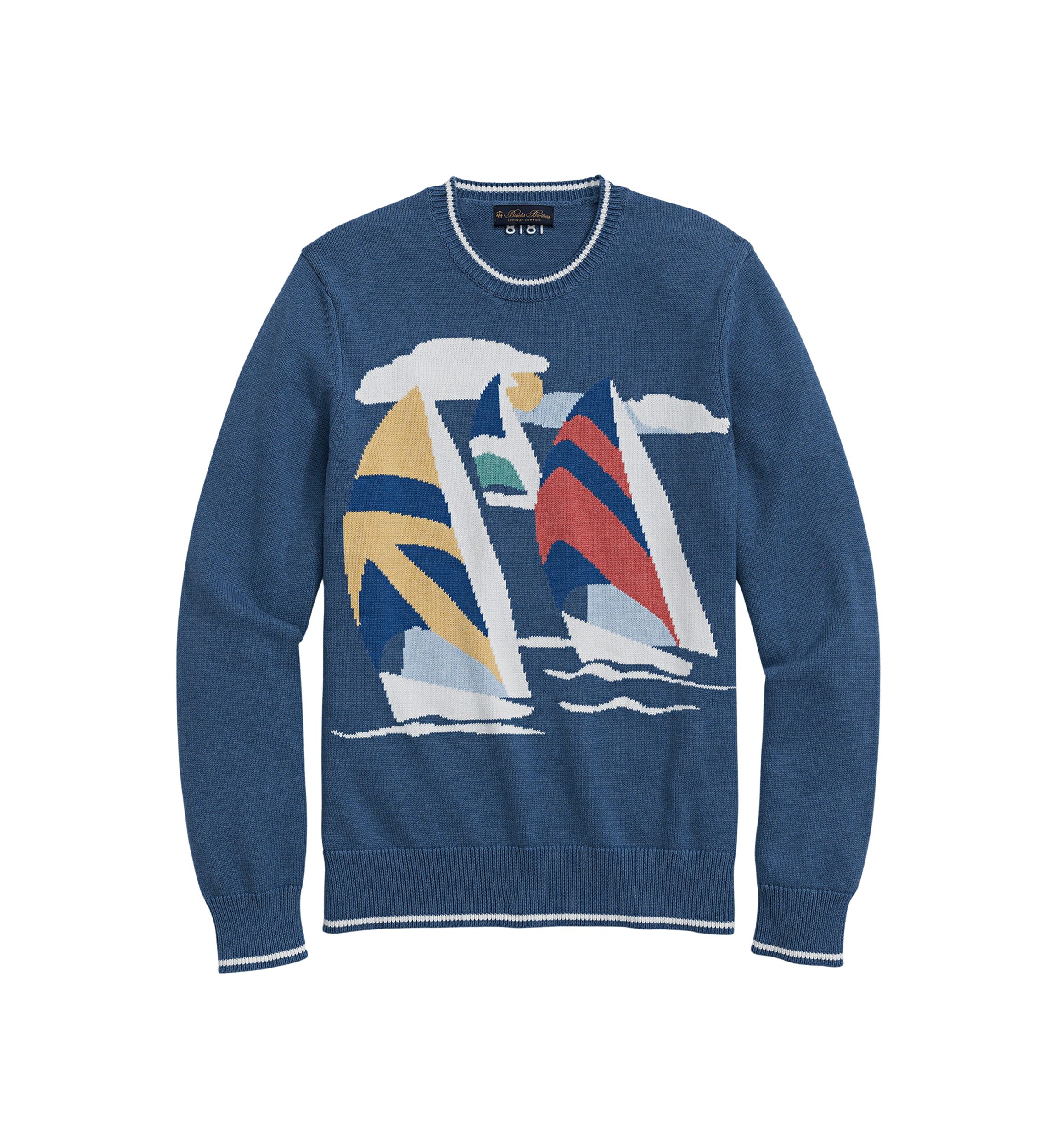Vintage-Inspired Intarsia Sailboat Sweater In Supima Cotton