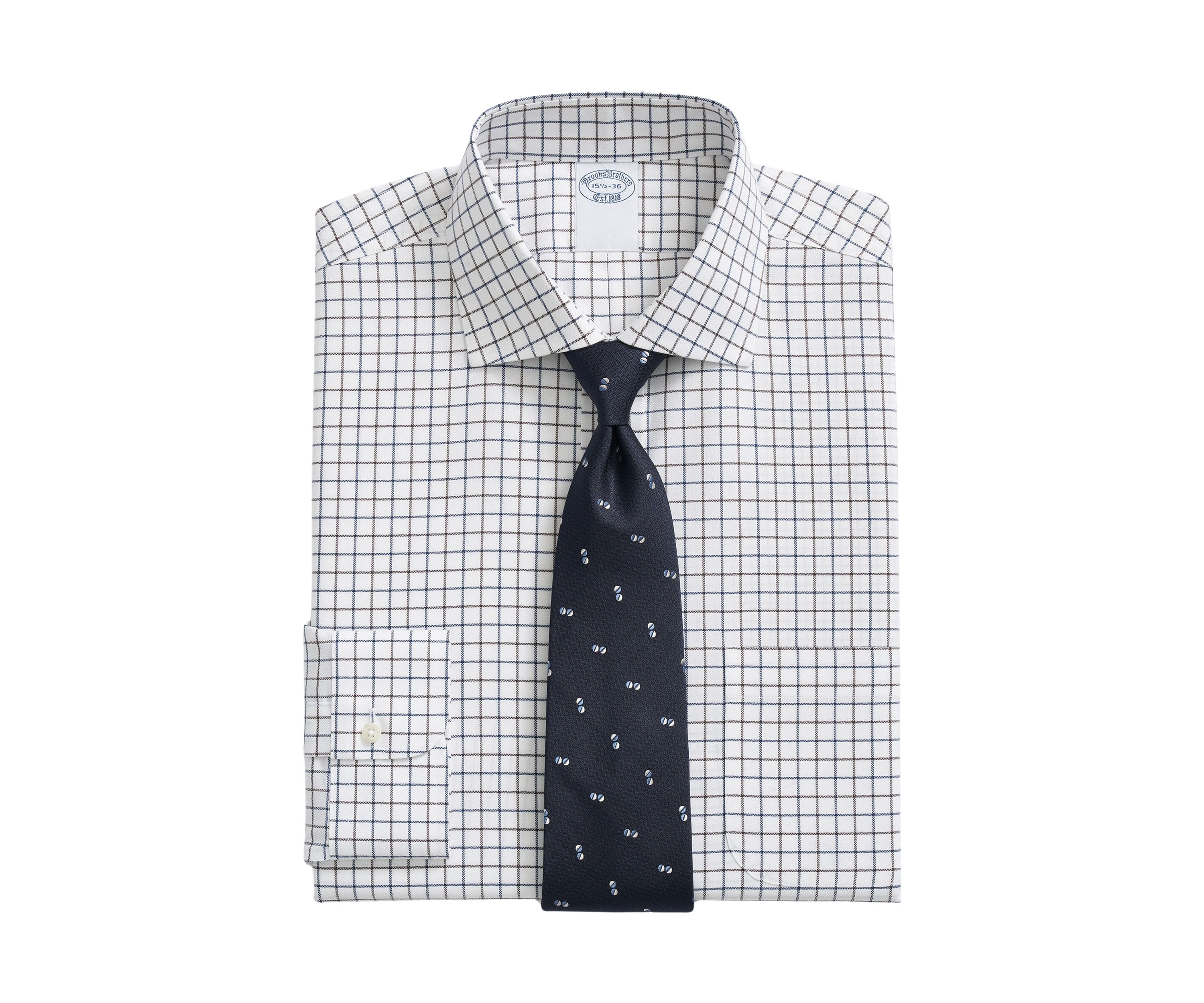 Stretch Supima Cotton Non-Iron  English Spread Collar, Alternating Windowpane Dress Shirt
