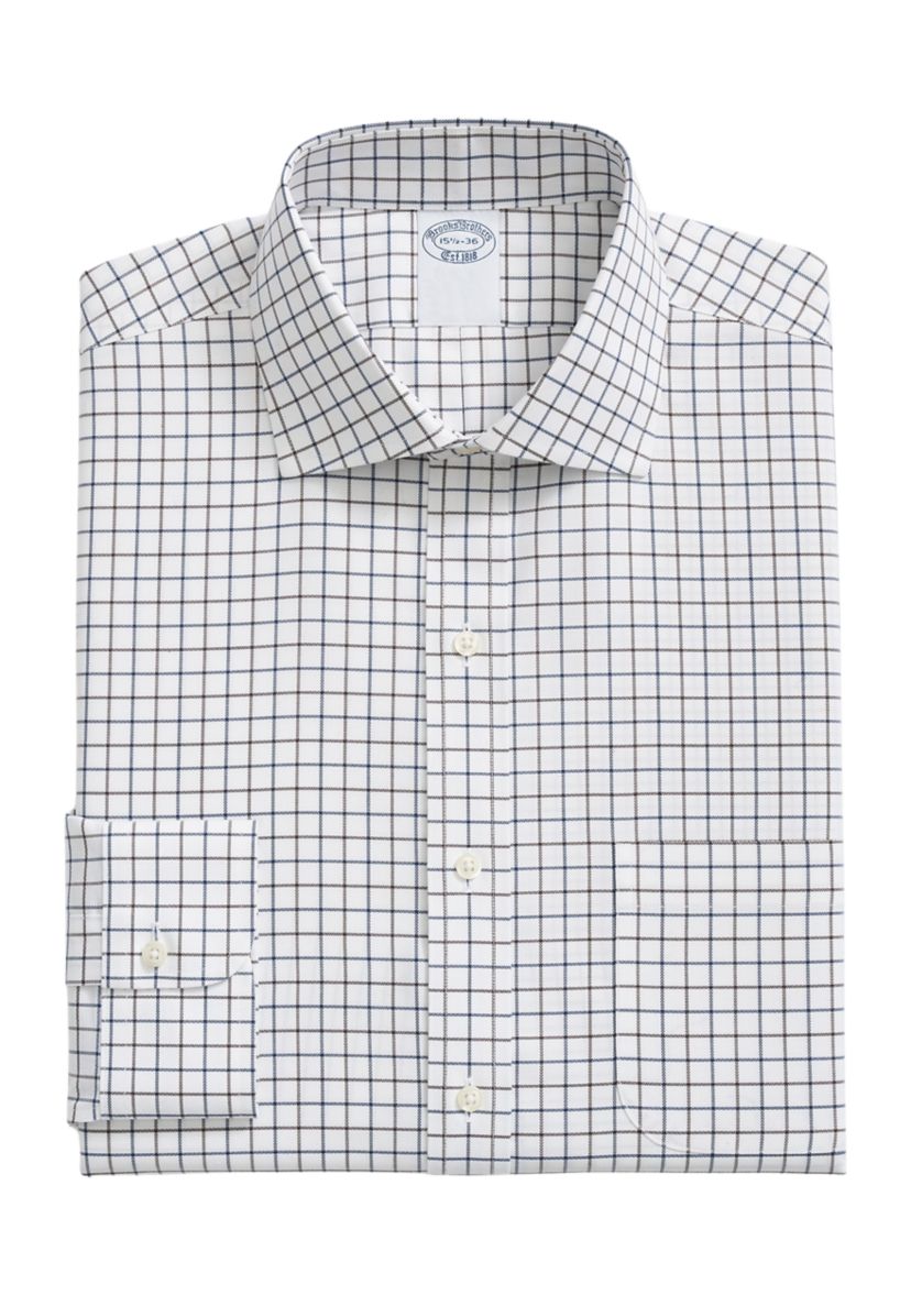 Stretch Supima Cotton Non-Iron  English Spread Collar, Alternating Windowpane Dress Shirt