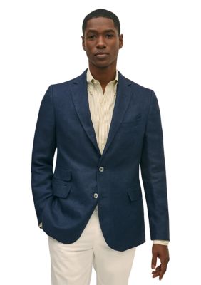 Brooks Brothers Men's Linen Blazer in Herringbone, Navy Blue, 46 Regular