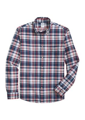 Brooks Brothers Men's Washed Cotton Madras Polo Button-Down Collar Shirt