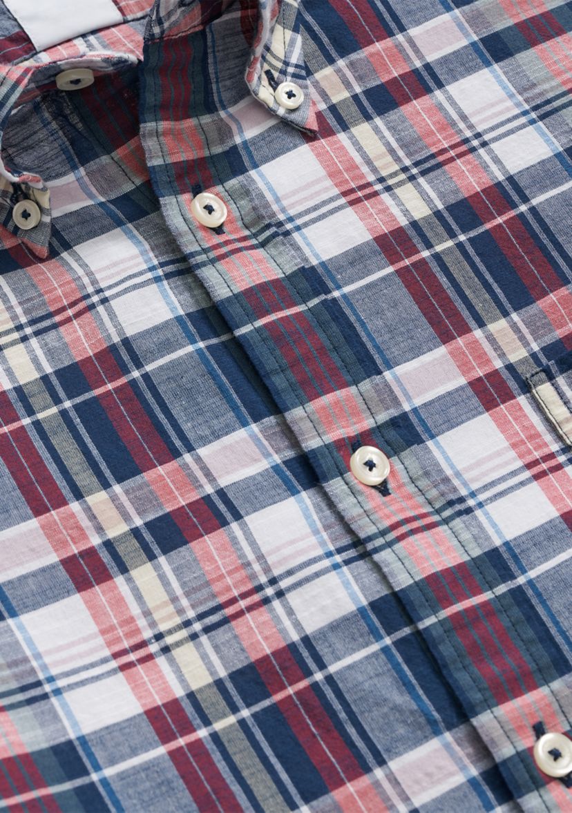 Washed Cotton Madras Polo Button-Down Collar Shirt