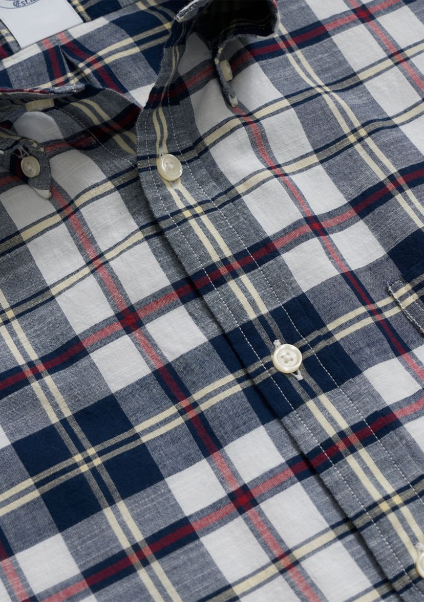 Washed Cotton Madras Polo Button-Down Collar, Short-Sleeve Shirt