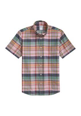 Brooks Brothers Men's Washed Cotton Madras Short Sleeve Button Down Collar Sport Shirt