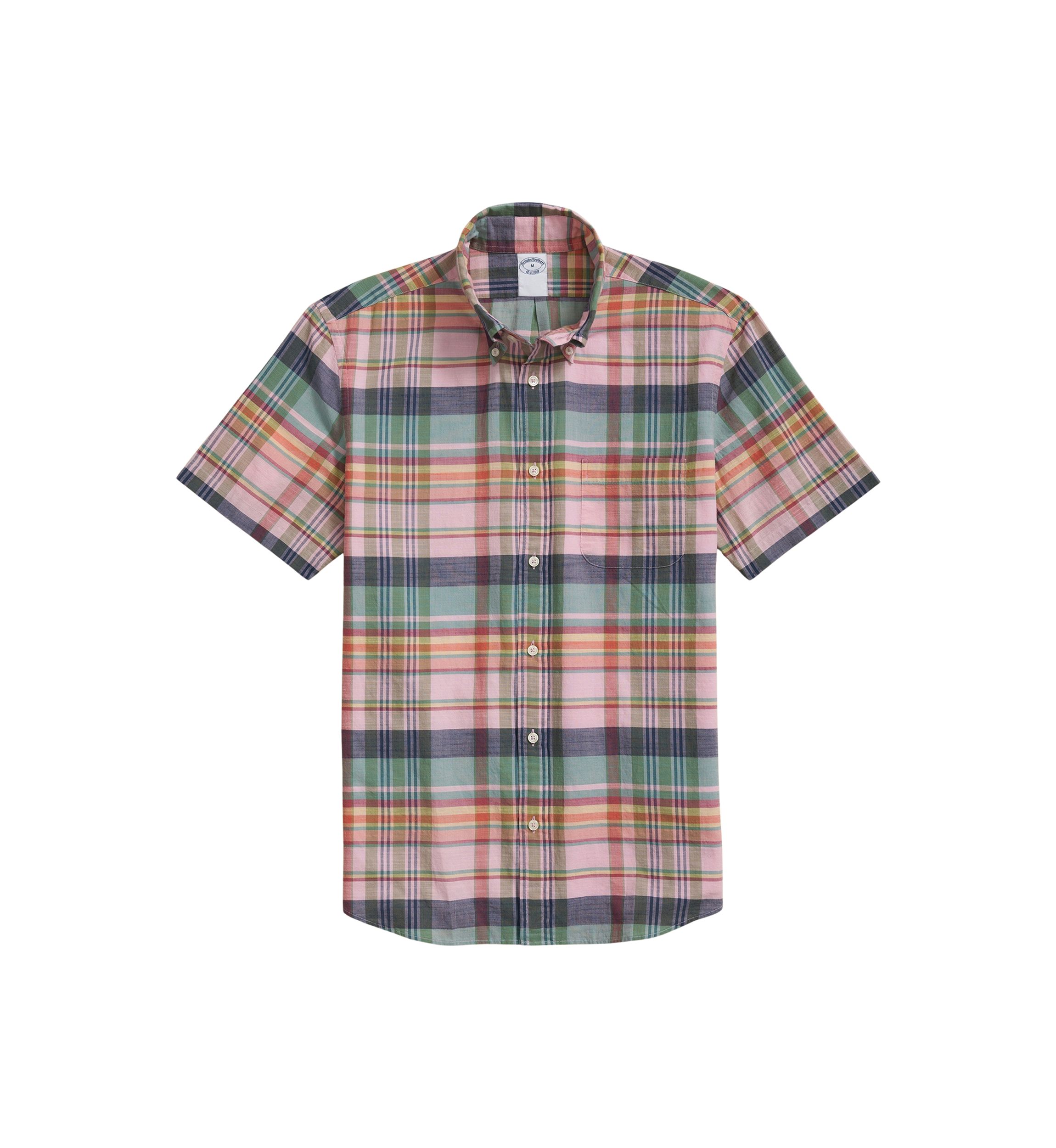 Mens Washed Cotton Madras Short Sleeve Button Down Collar Sport Shirt