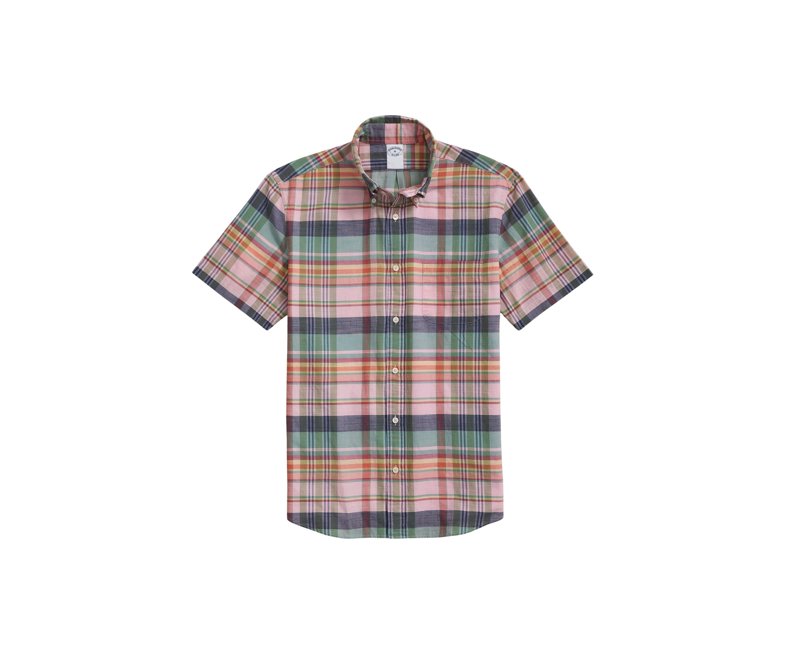 Mens Washed Cotton Madras Short Sleeve Button Down Collar Sport Shirt