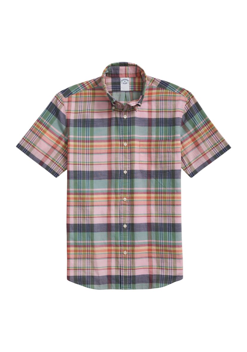 Mens Washed Cotton Madras Short Sleeve Button Down Collar Sport Shirt