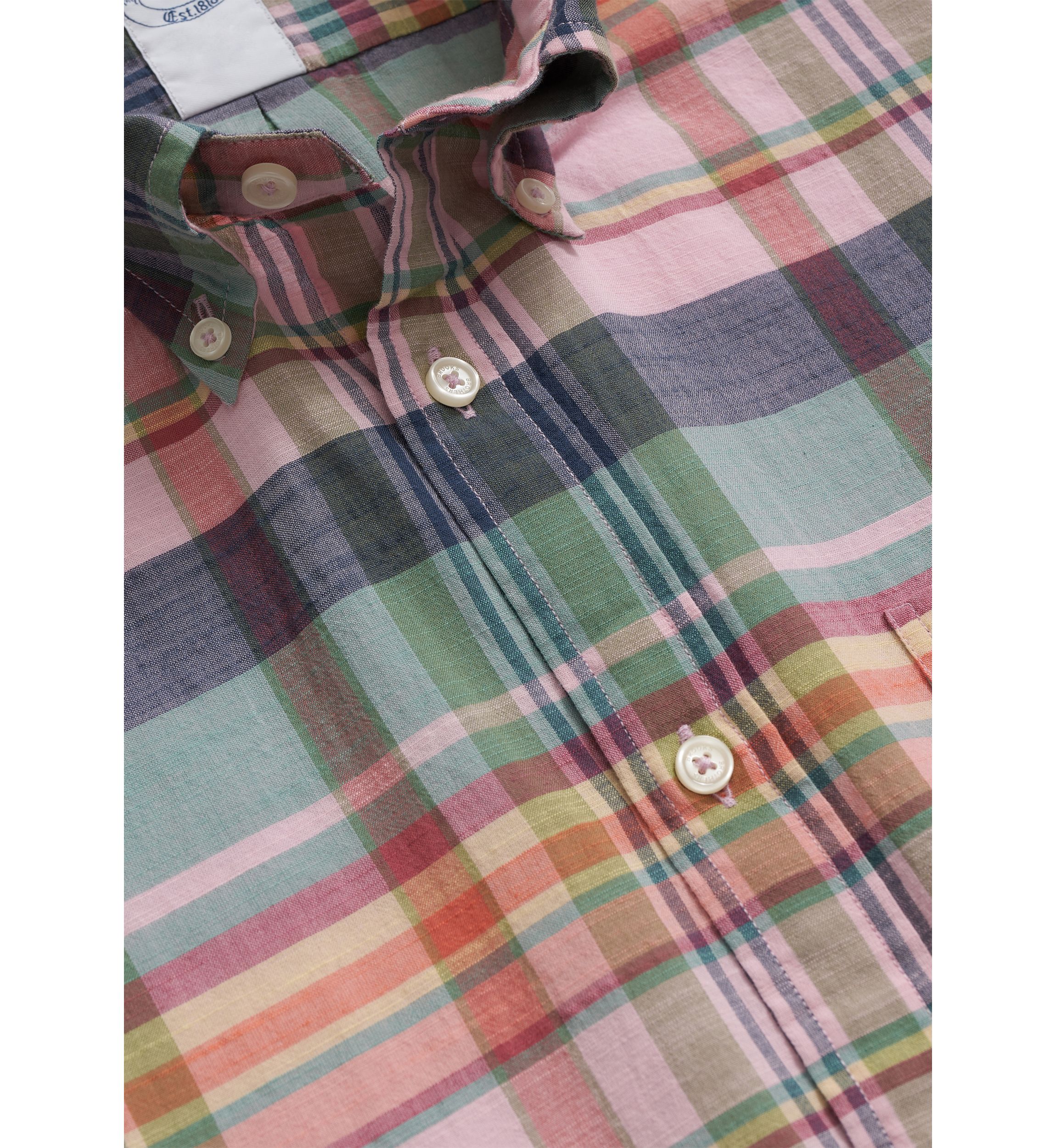 Mens Washed Cotton Madras Short Sleeve Button Down Collar Sport Shirt