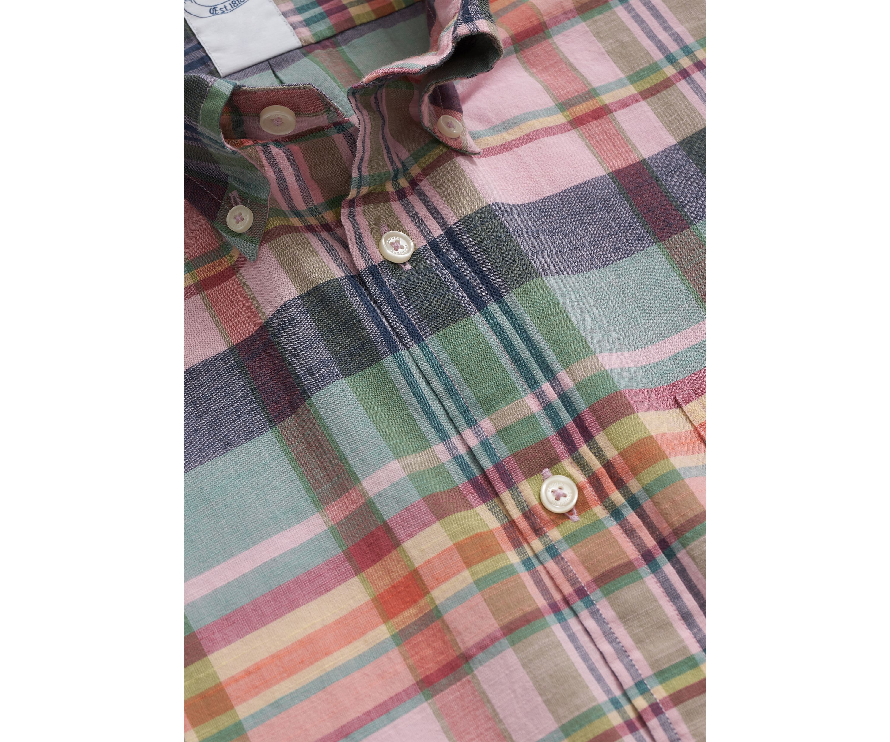 Mens Washed Cotton Madras Short Sleeve Button Down Collar Sport Shirt
