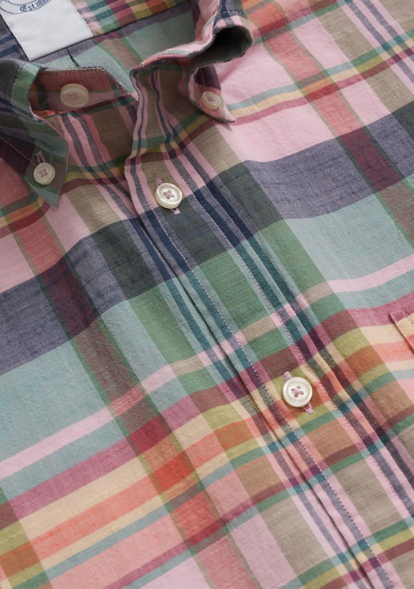Mens Washed Cotton Madras Short Sleeve Button Down Collar Sport Shirt