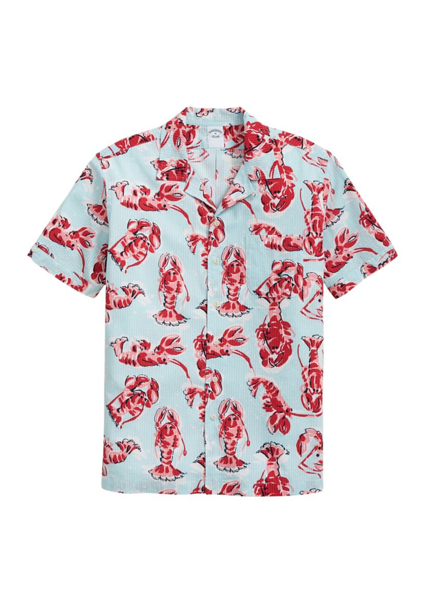 Cotton Seersucker Camp Collar, Lobster Short-Sleeve  Shirt