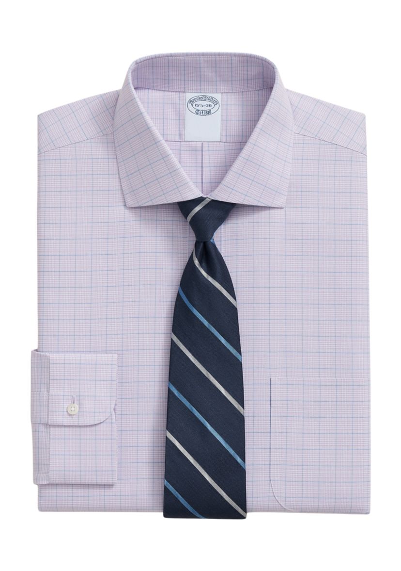 Mens Stretch Supima Cotton Non Iron Royal Oxford English Spread Collar Check Dress Shirt
