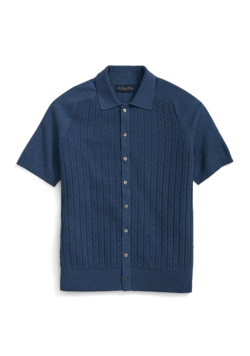 Mens Cotton Cable Knit Short Sleeve Polo Sweater
