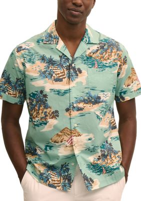 Brooks Brothers Men's Island Print Camp Short Sleeve Shirt, Blue, Medium