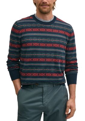 Brooks Brothers Men's Supima Cotton Fair Isle Sweater, Navy Blue, Medium