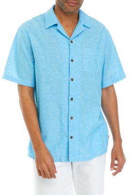 Crown & Ivy Men's Woven Linen Cotton Button Down Shirt, Blue, Small