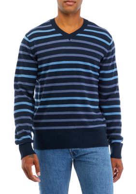 TRUTH by Republic Men's Long Sleeve V-Neck Tri Color Striped Sweater, Navy Blue, Medium