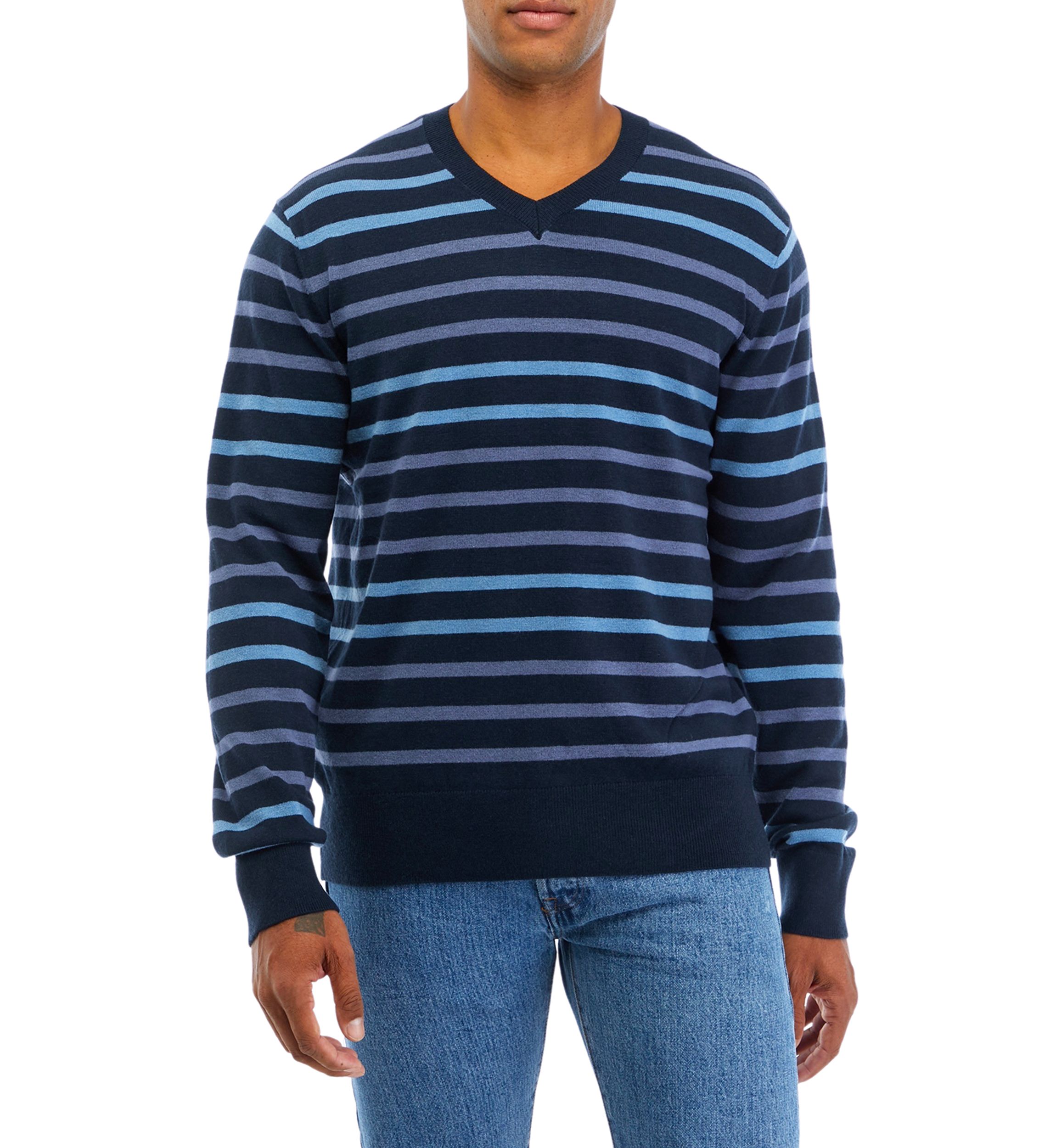 Mens Long Sleeve V-Neck Tri Color Striped Sweater