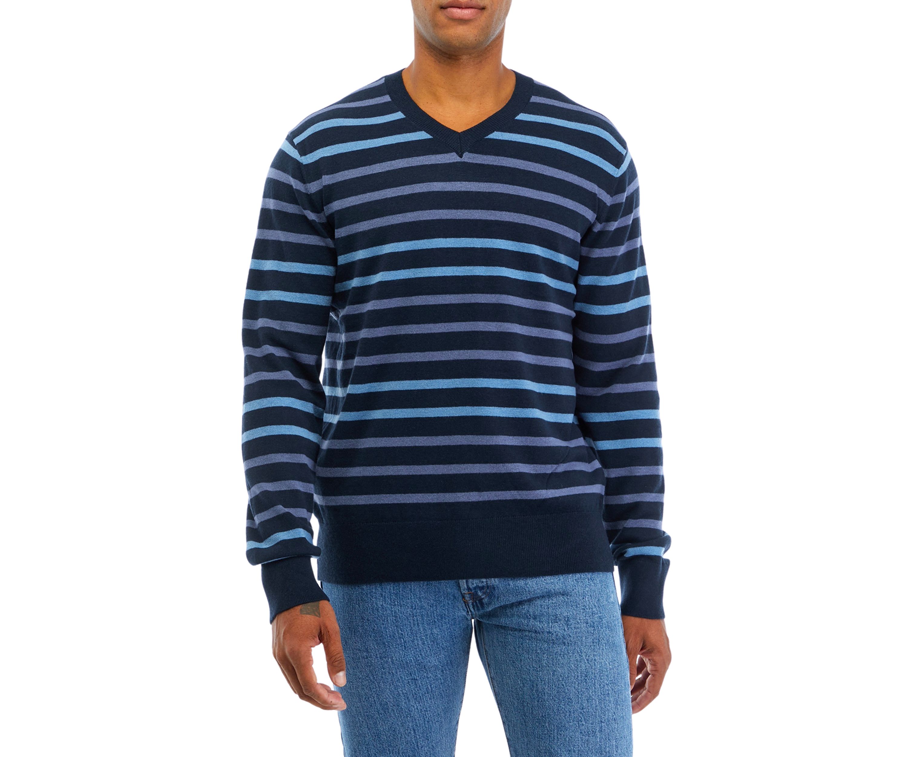 Mens Long Sleeve V-Neck Tri Color Striped Sweater