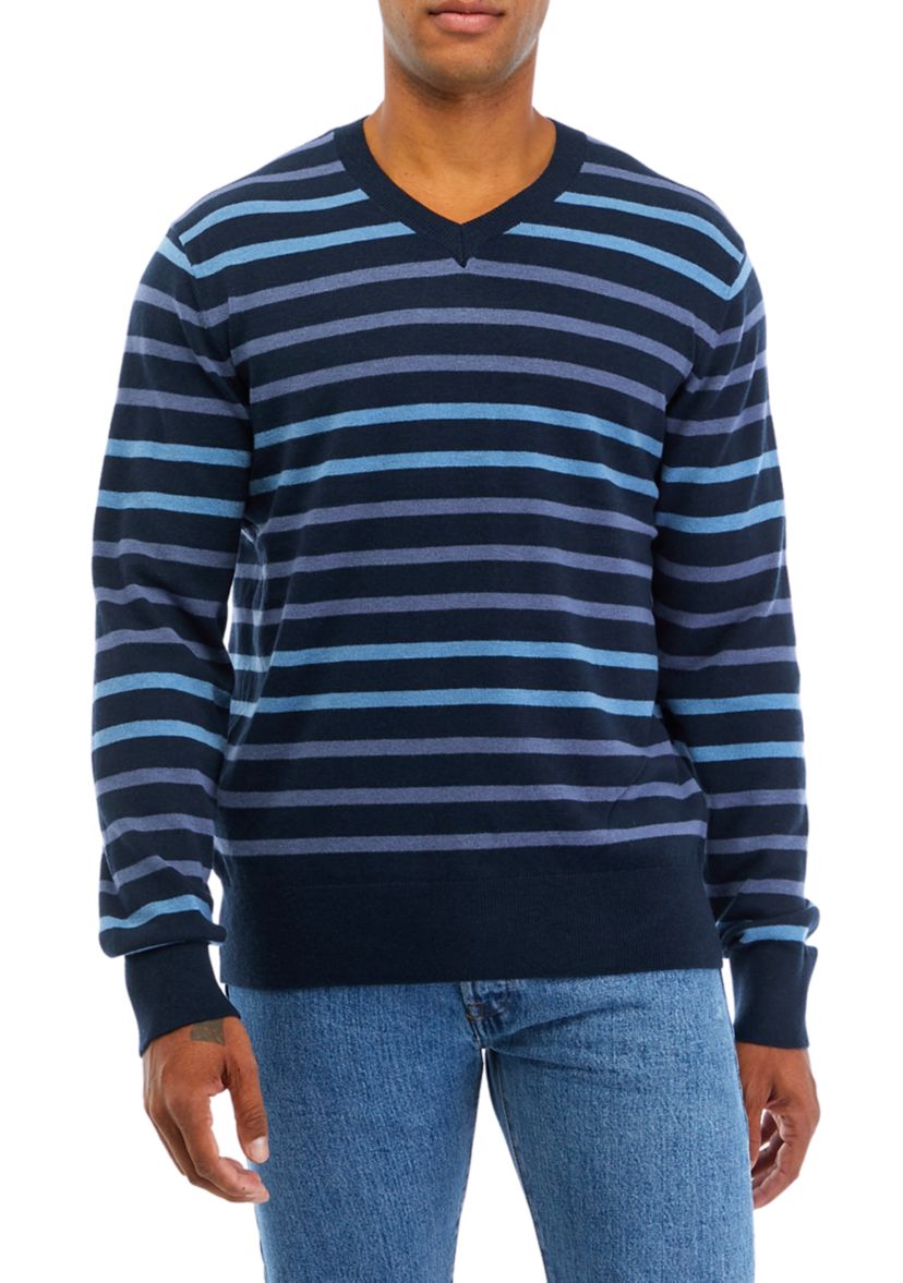 Mens Long Sleeve V-Neck Tri Color Striped Sweater