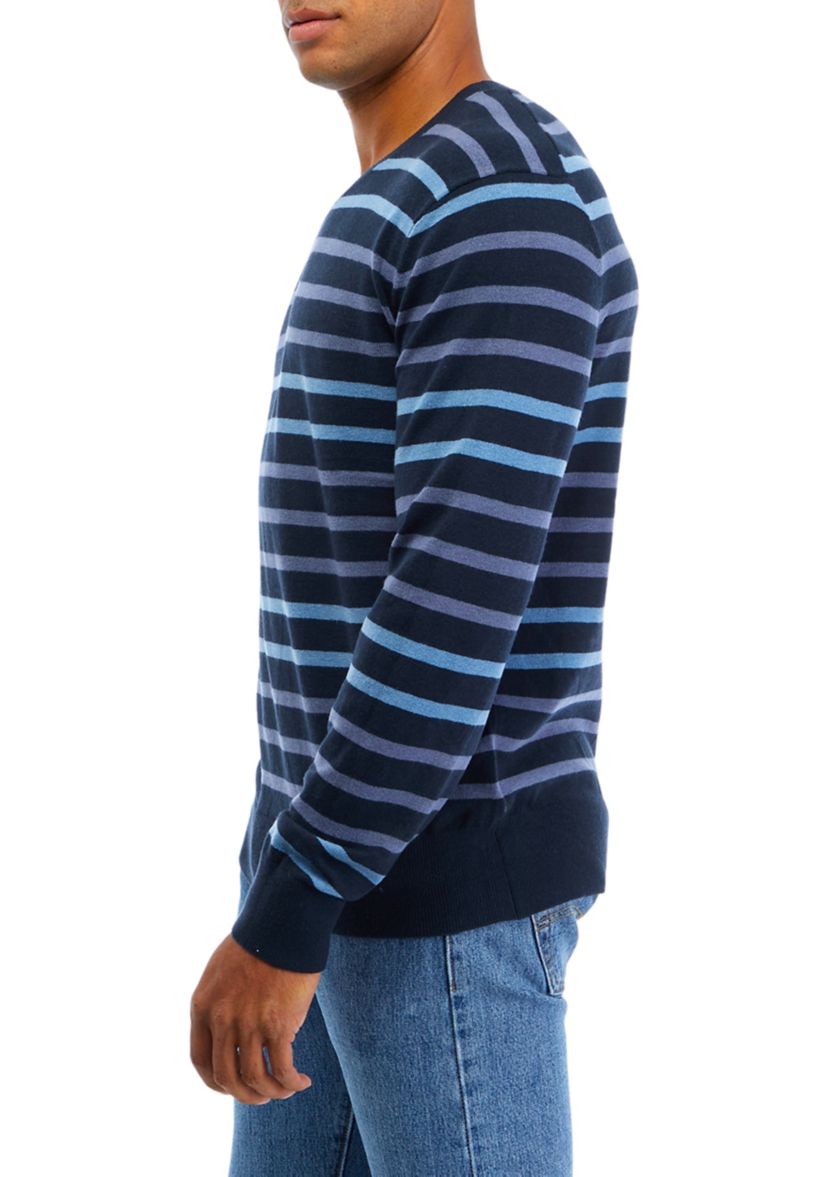 Mens Long Sleeve V-Neck Tri Color Striped Sweater