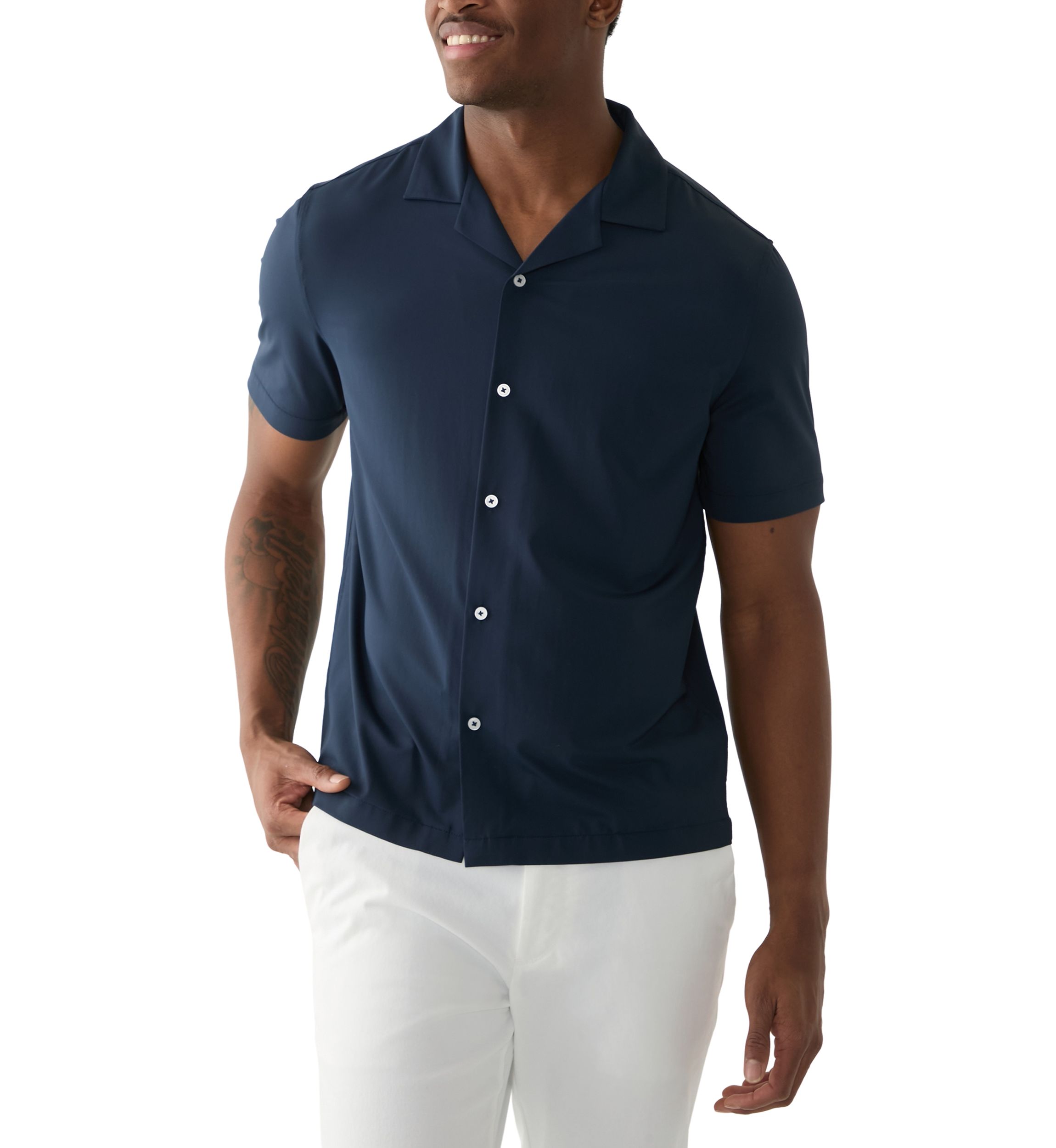 Mens Short Sleeve Stretch Knit Solid Button Down Shirt