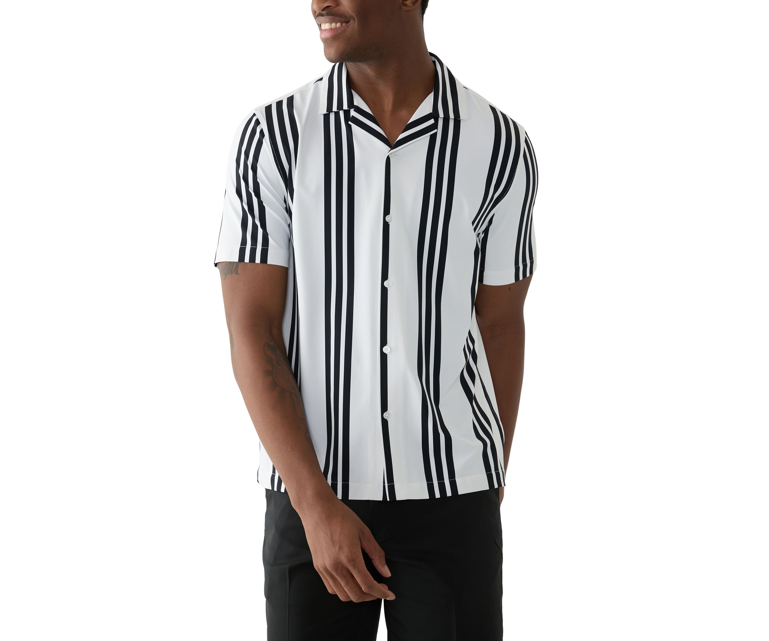 Mens Short Sleeve Stretch Knit Stripe Button Down Shirt