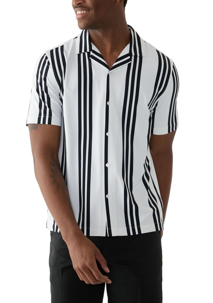 Mens Short Sleeve Stretch Knit Stripe Button Down Shirt