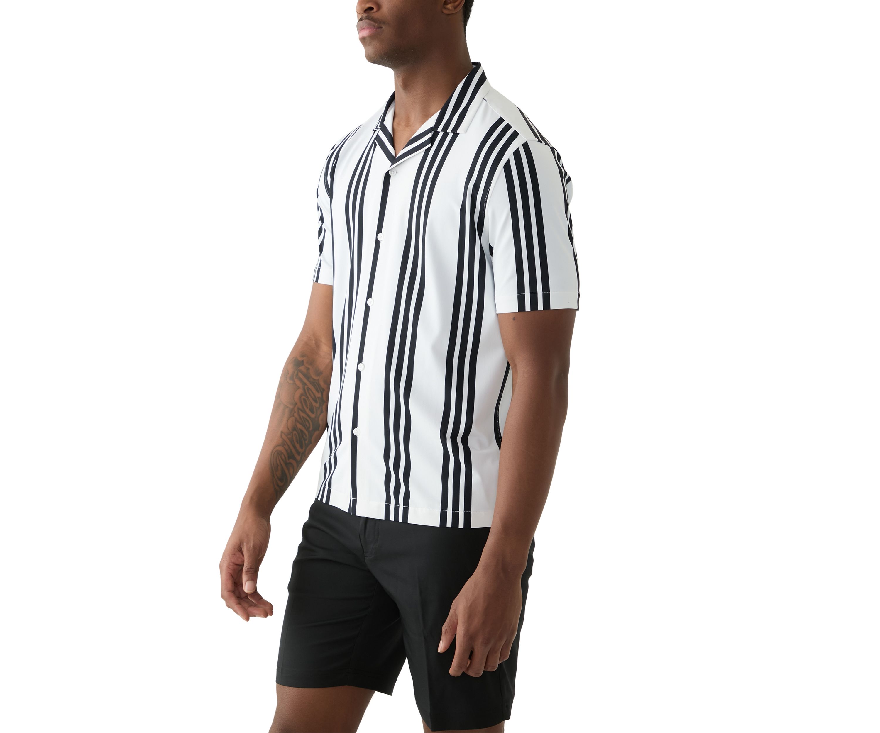 Mens Short Sleeve Stretch Knit Stripe Button Down Shirt