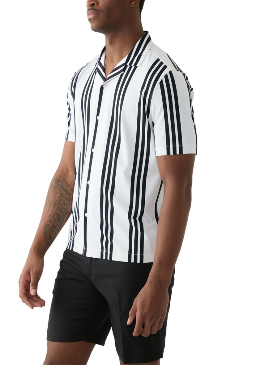 Mens Short Sleeve Stretch Knit Stripe Button Down Shirt
