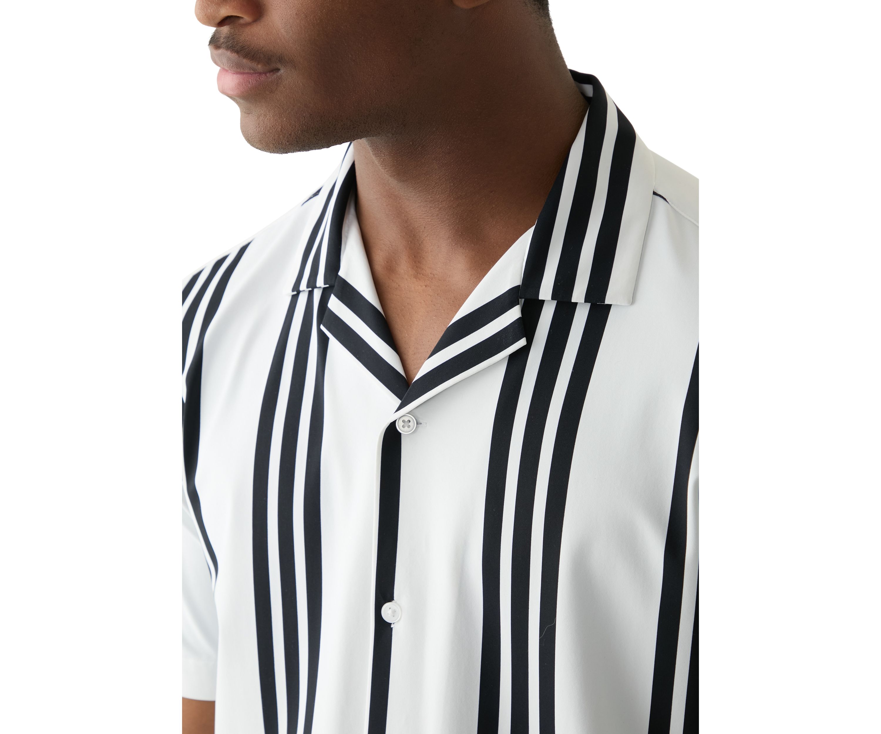Mens Short Sleeve Stretch Knit Stripe Button Down Shirt