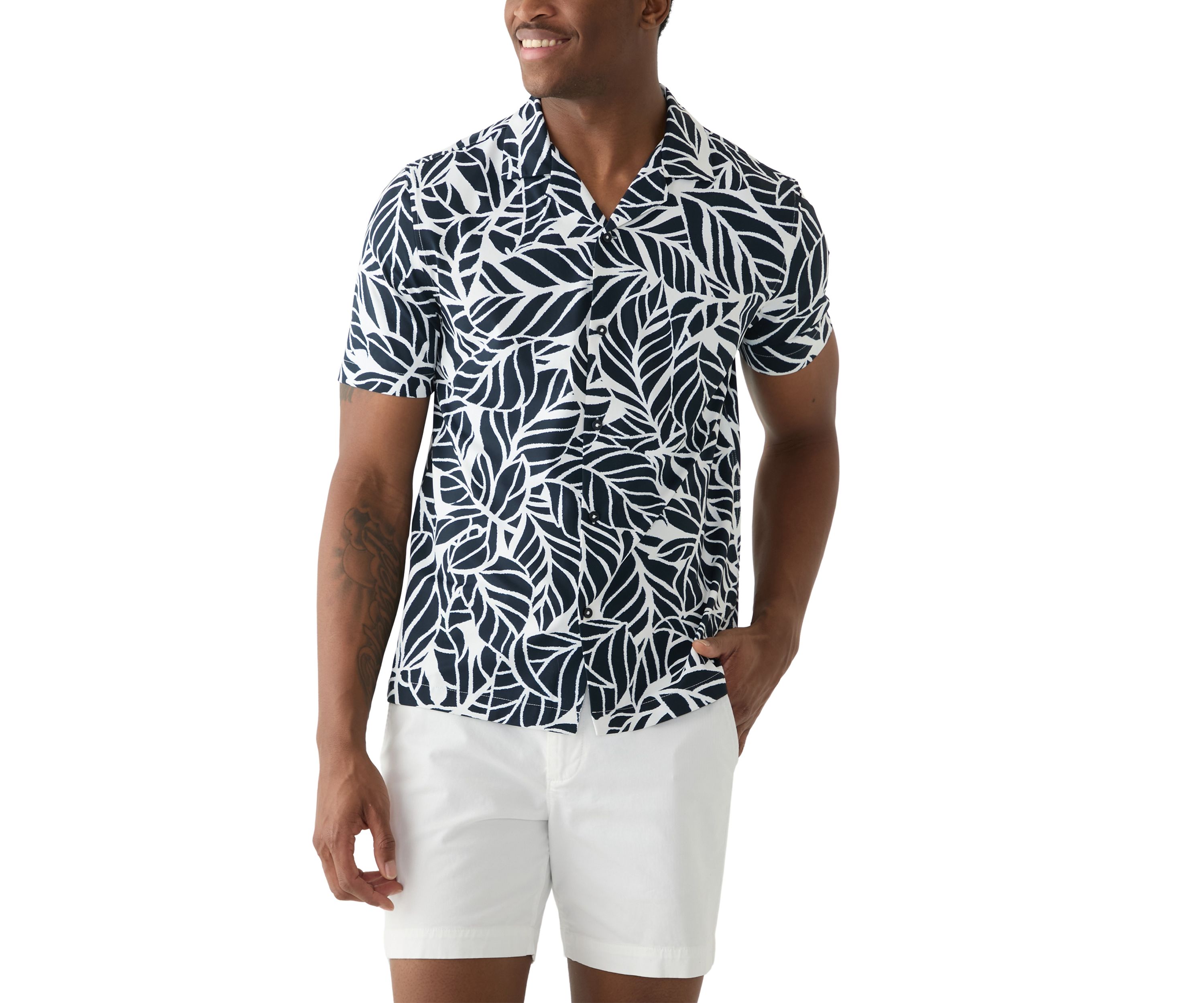 Mens Short Sleeve Stretch Knit Printed Button Down Shirt