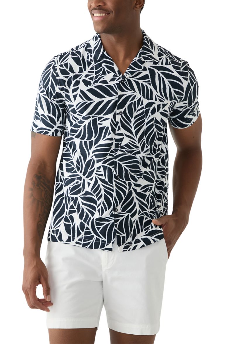 Mens Short Sleeve Stretch Knit Printed Button Down Shirt