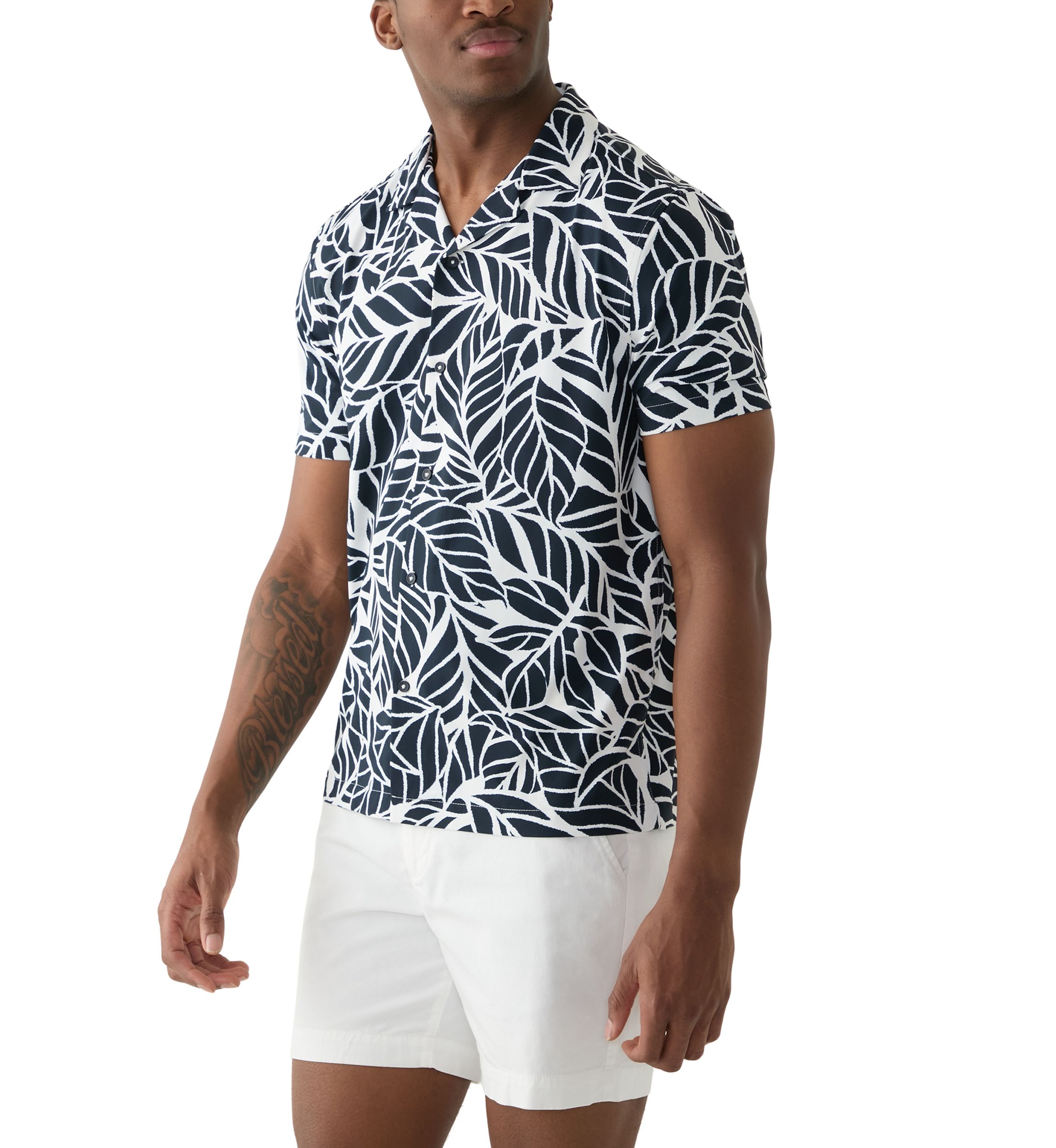 Mens Short Sleeve Stretch Knit Printed Button Down Shirt