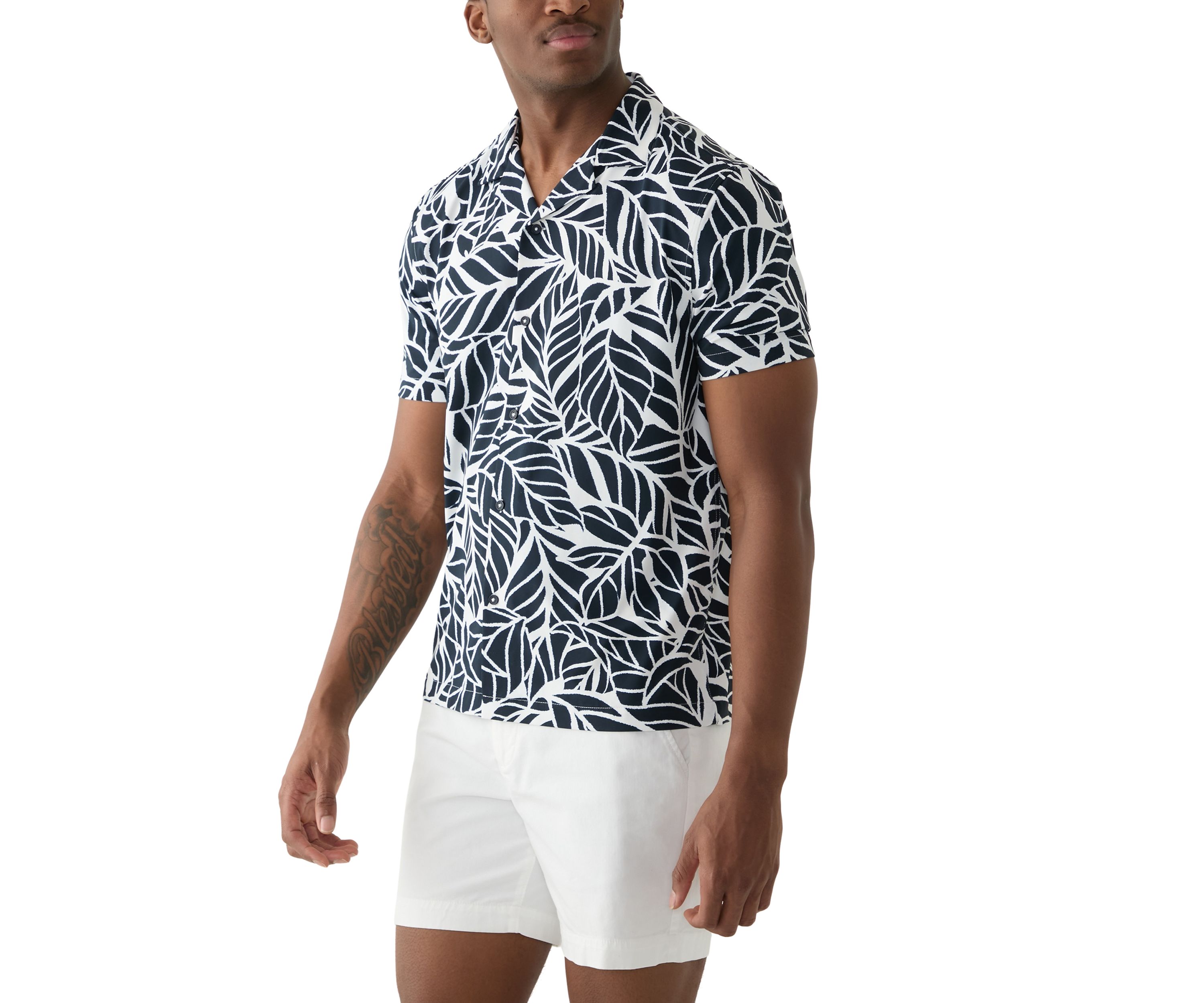 Mens Short Sleeve Stretch Knit Printed Button Down Shirt
