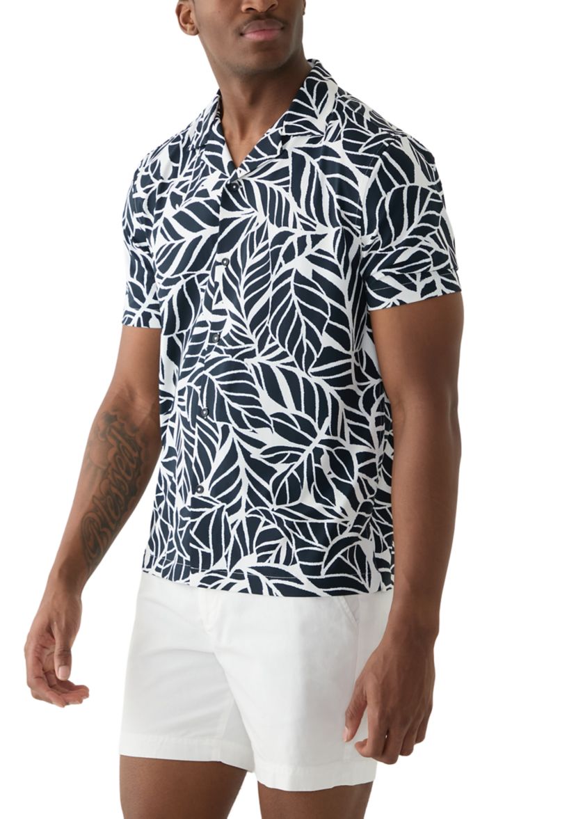 Mens Short Sleeve Stretch Knit Printed Button Down Shirt