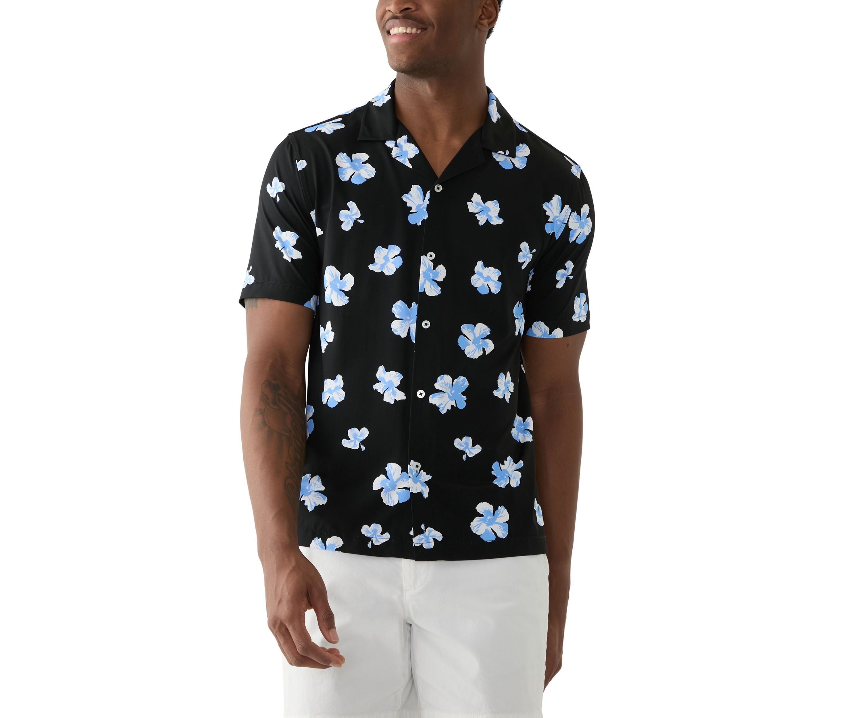 Mens Short Sleeve Stretch Knit Printed Button Down Shirt
