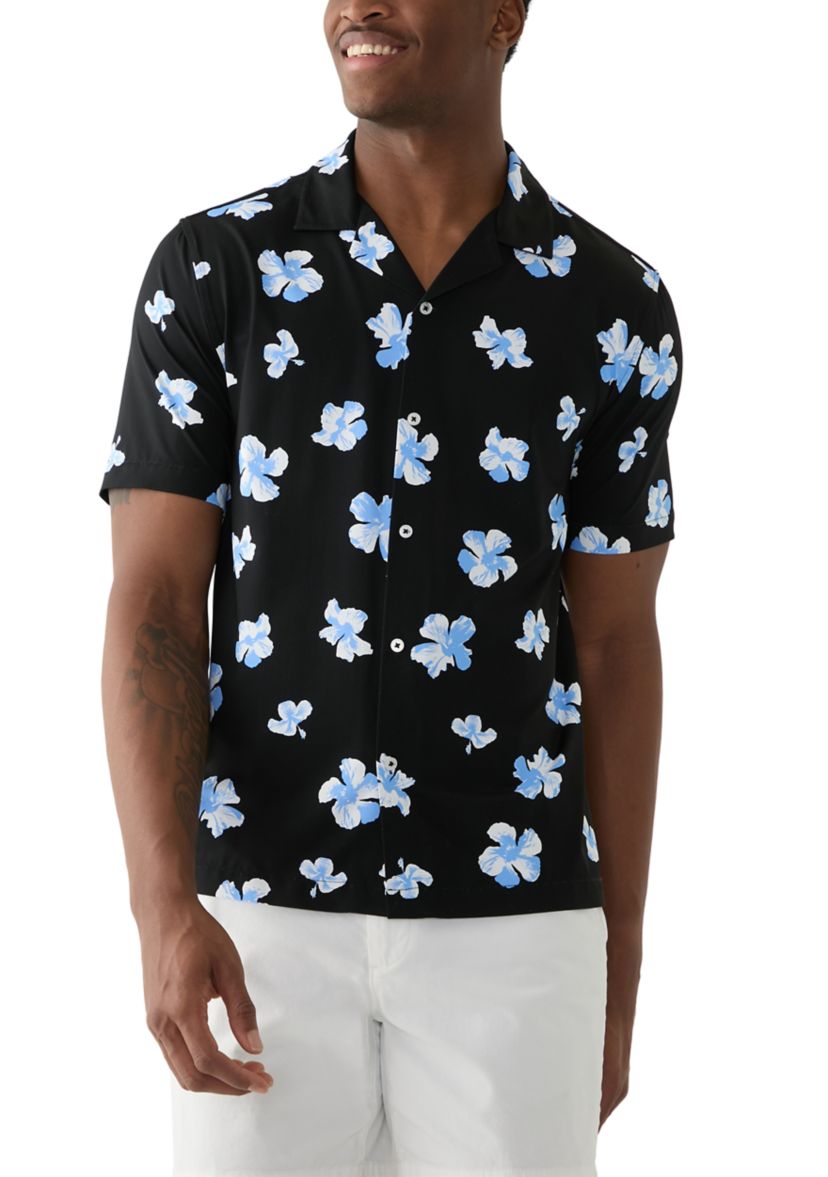 Mens Short Sleeve Stretch Knit Printed Button Down Shirt