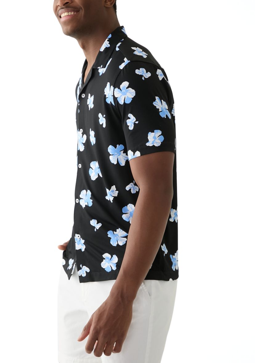 Mens Short Sleeve Stretch Knit Printed Button Down Shirt