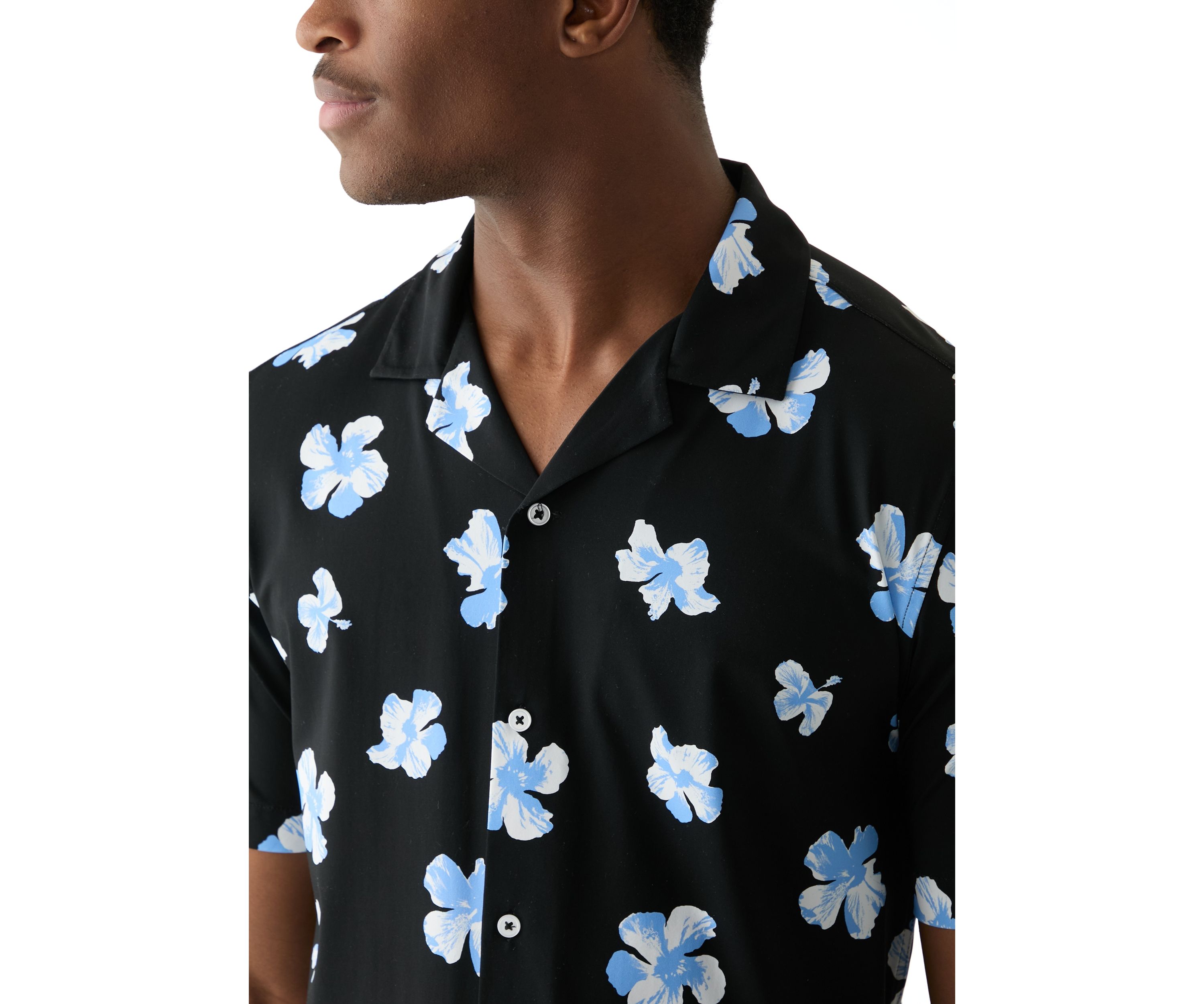 Mens Short Sleeve Stretch Knit Printed Button Down Shirt