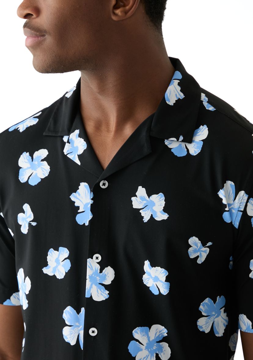 Mens Short Sleeve Stretch Knit Printed Button Down Shirt