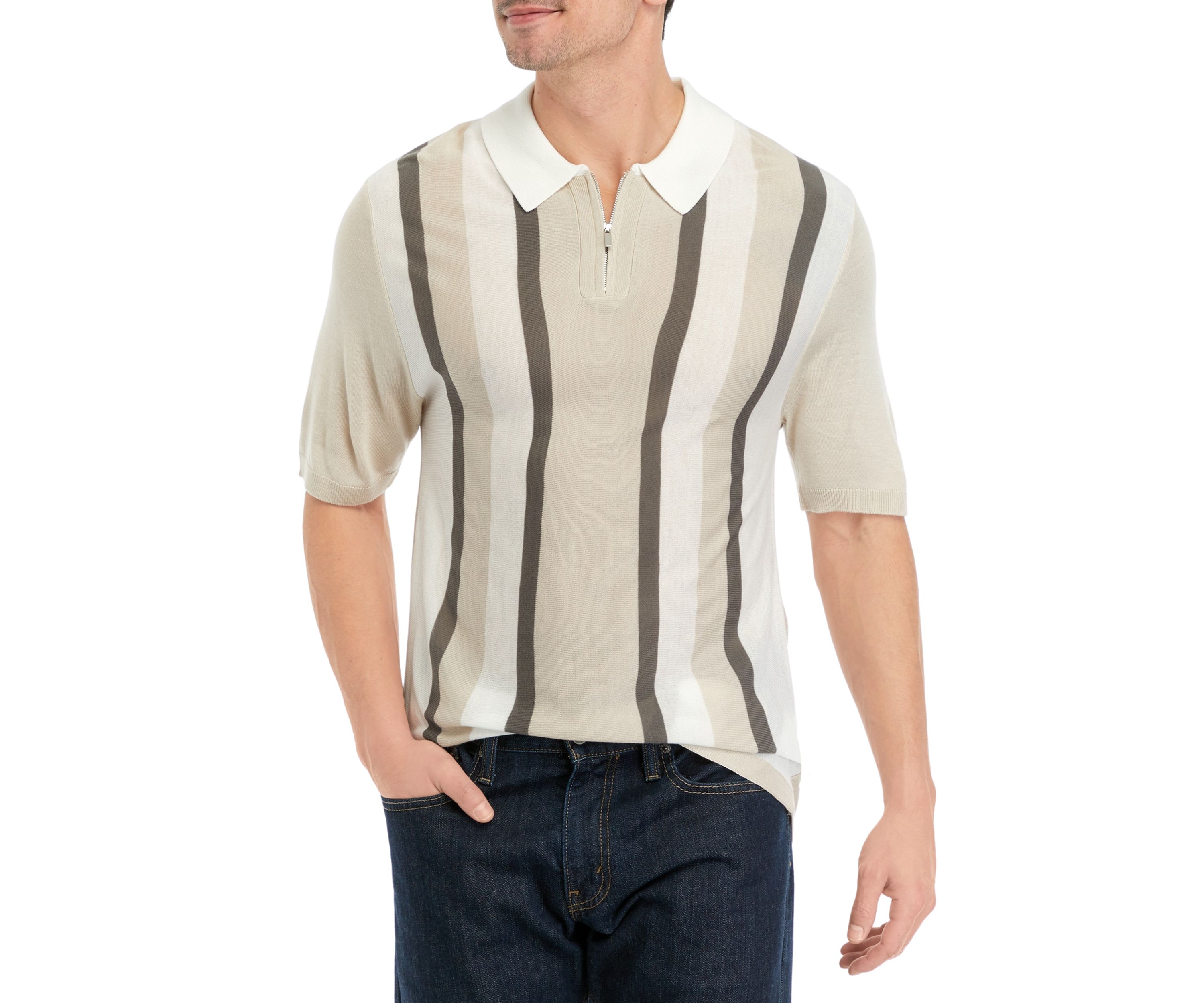 Mens Short Sleeve Vertical Stripe 1/4 Zip Polo Sweater