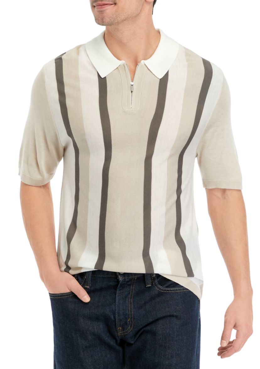 Mens Short Sleeve Vertical Stripe 1/4 Zip Polo Sweater