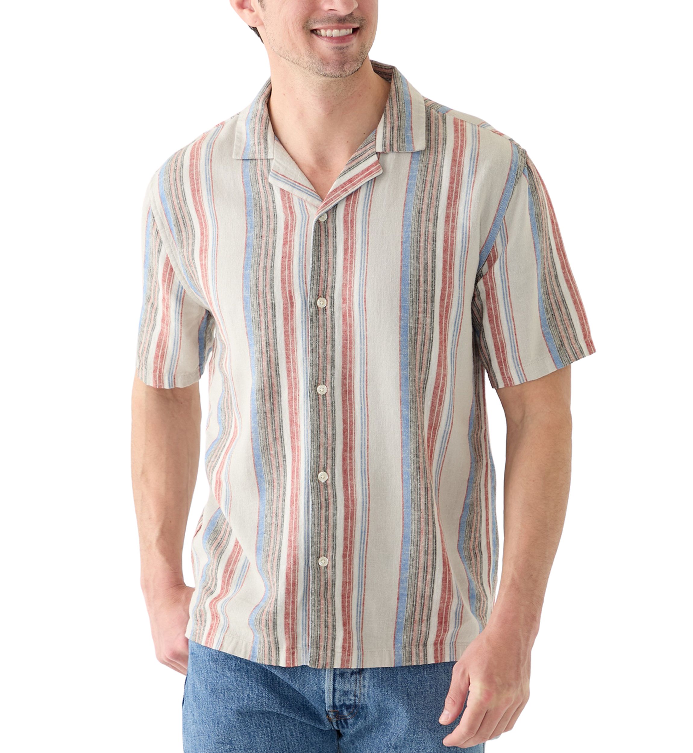 Short Sleeve Stripe Linen Camp Shirt