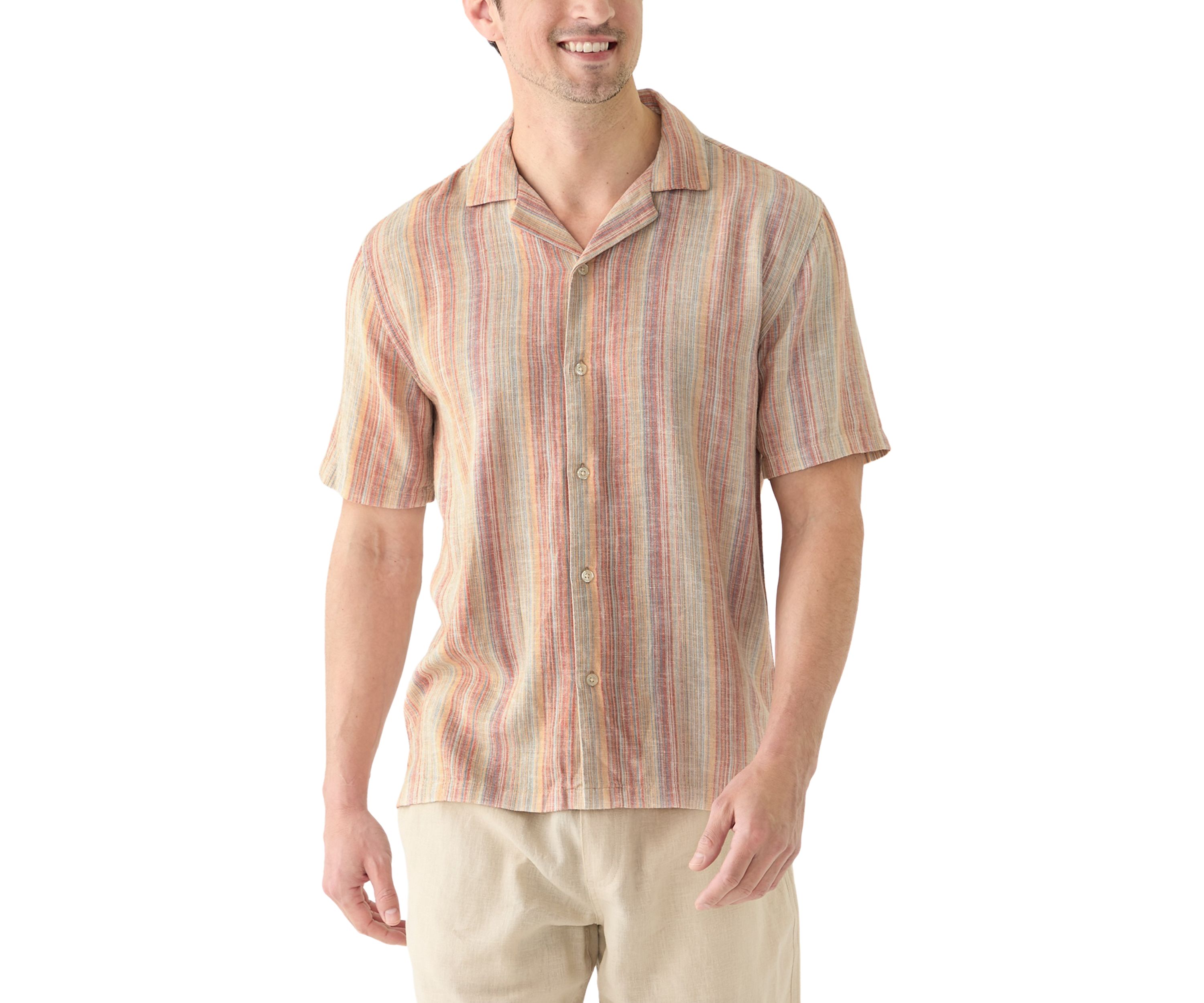 Mens Short Sleeve Camp Linen Stripe Shirt