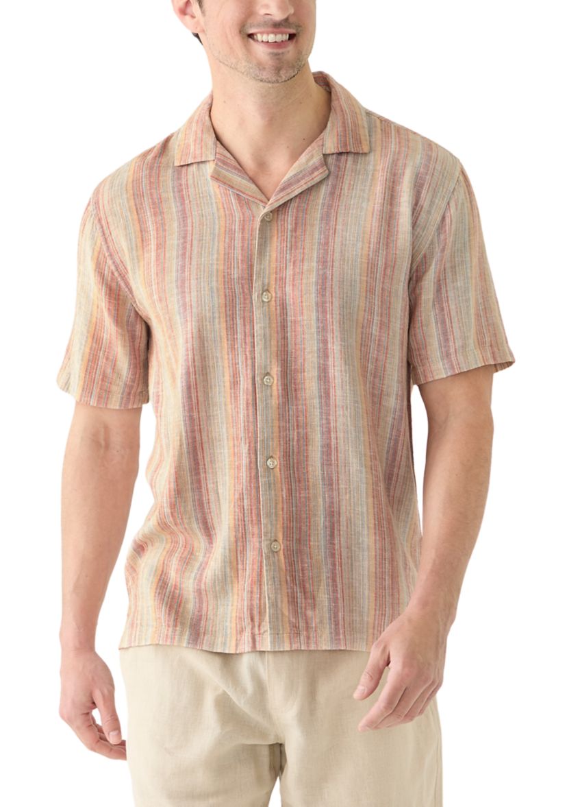 Mens Short Sleeve Camp Linen Stripe Shirt